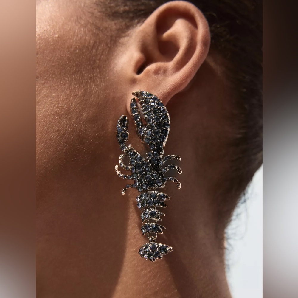 Zara NWT Woman Accessories RHINESTONE LOBSTER EARRINGS Anthracite Grey festival